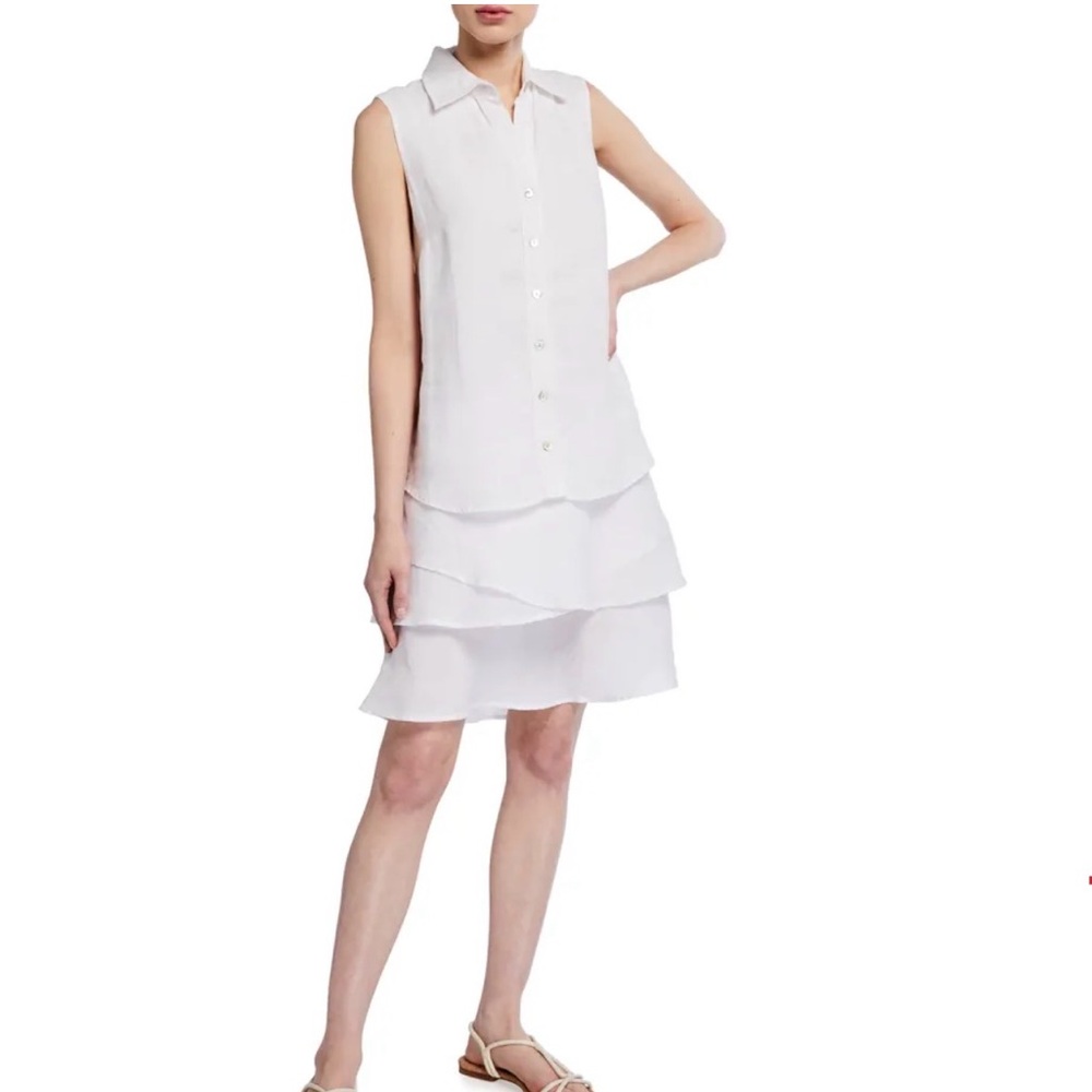 Finley Jasmine Sleeveless Tiered White Linen Dress Collared Button Front Size S